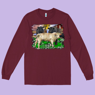 Charolais Bull Black Angus Cattle And Bull With Barnyard And Cowhide Long Sleeve Tee Designed By Ranaportraitstore