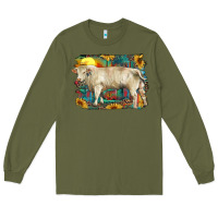 Army Green western charolais bull and aztec sunflower background Long Sleeve Tee - RanaPortraitStore