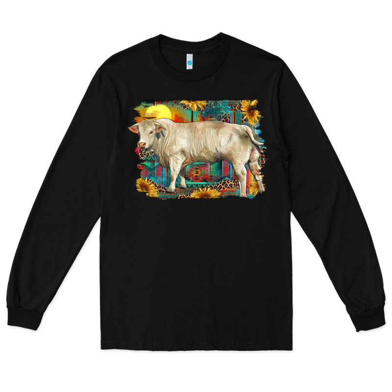 Western Charolais Bull And Aztec Sunflower Background Long Sleeve Tee by RanaPortraitStore | Teevron