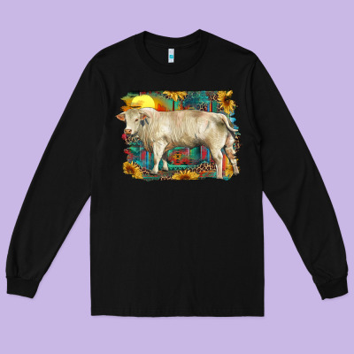 Western Charolais Bull And Aztec Sunflower Background Long Sleeve Tee Designed By Ranaportraitstore