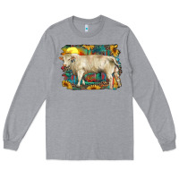 Heather Grey western charolais bull and aztec sunflower background Long Sleeve Tee - RanaPortraitStore