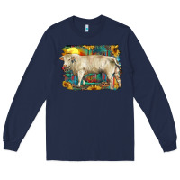 Navy western charolais bull and aztec sunflower background Long Sleeve Tee - RanaPortraitStore