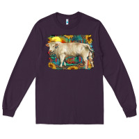Plum western charolais bull and aztec sunflower background Long Sleeve Tee - RanaPortraitStore
