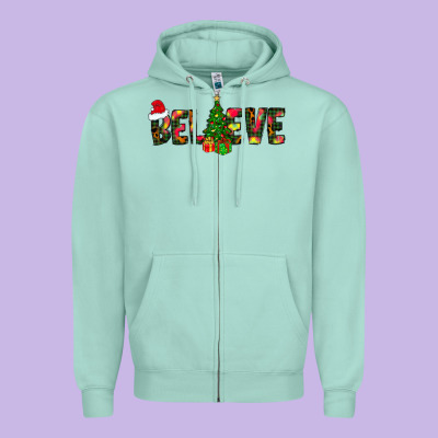Believe Christmas Zipper Hoodie Designed By Cowhidedigitalart