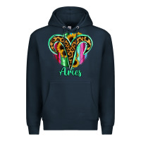 Navy Aries Zodiac Sign Sunflower Leopard Serape Premium Hoodie - RanaPortraitStore