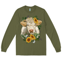 Army Green charolais cattle with sunflowers Long Sleeve Tee - RanaPortraitStore