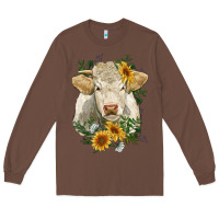 Chestnut charolais cattle with sunflowers Long Sleeve Tee - RanaPortraitStore