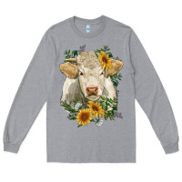 Heather Grey charolais cattle with sunflowers Long Sleeve Tee - RanaPortraitStore