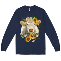 Navy charolais cattle with sunflowers Long Sleeve Tee - RanaPortraitStore