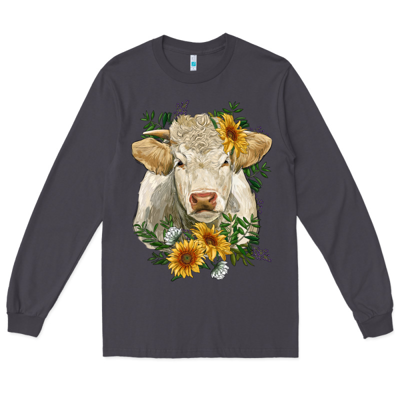 Charolais Cattle With Sunflowers Long Sleeve Tee by RanaPortraitStore | Teevron