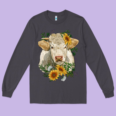 Charolais Cattle With Sunflowers Long Sleeve Tee Designed By Ranaportraitstore