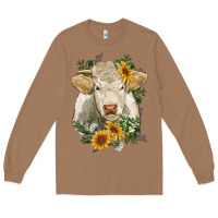 Toasted Coconut charolais cattle with sunflowers Long Sleeve Tee - RanaPortraitStore