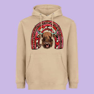 Valentines Highland Cow Rainbow Heavyweight Hoodie Designed By Jahusdesignshop