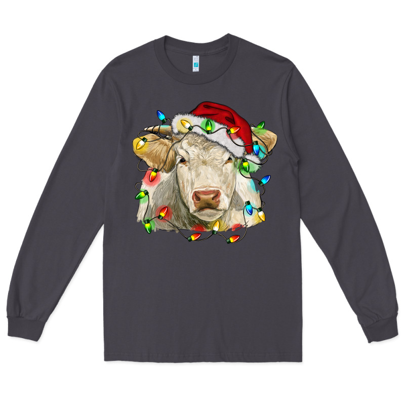 Charolais Cattle Cow With Christmas Lights And Hat Long Sleeve Tee by RanaPortraitStore | Teevron