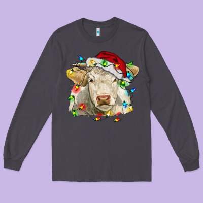 Charolais Cattle Cow With Christmas Lights And Hat Long Sleeve Tee Designed By Ranaportraitstore