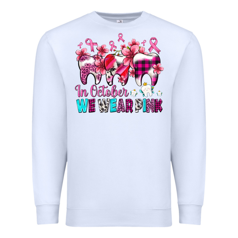 In October We Wear Pink Cancer Ribbon With Teeth Premium Sweatshirt by AdoDesignShop | Teevron