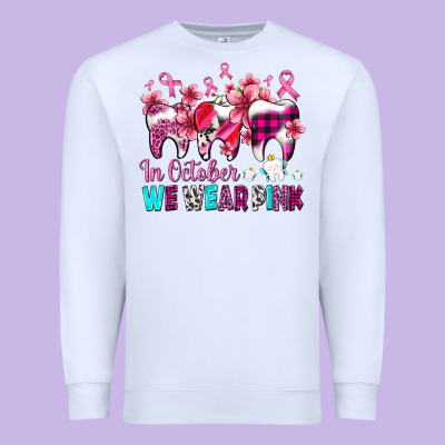 In October We Wear Pink Cancer Ribbon With Teeth Premium Sweatshirt Designed By Adodesignshop