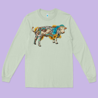 Charolais Bull With Sunflowers And Gemstone Western Patterns Long Sleeve Tee Designed By Ranaportraitstore