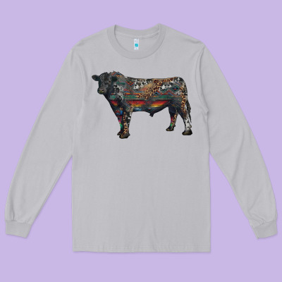 Black Angus Bull With Western Patterns Long Sleeve Tee Designed By Ranaportraitstore