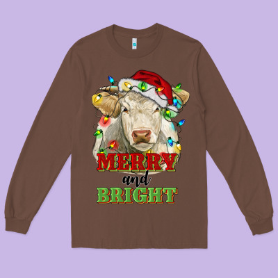 Merry And Bright Charolais Cattle Cow With Christm Long Sleeve Tee Designed By Ranaportraitstore