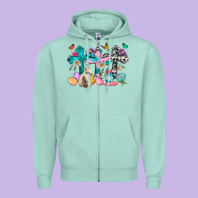 Western Rabbit With Cross And Flowers Zipper Hoodie Designed By Neo Western