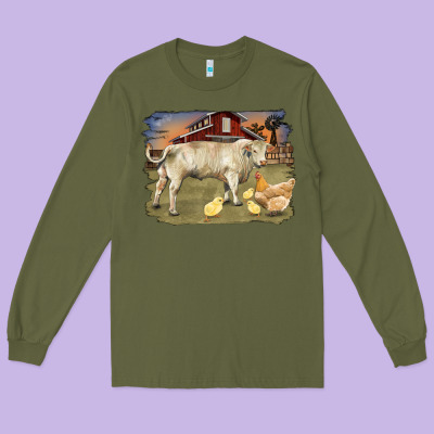 Charolaris Bull And Chicken In Barnyard Long Sleeve Tee Designed By Ranaportraitstore