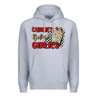 Heather Grey curlies before girlies Premium Hoodie - MaliasSmallBusiness