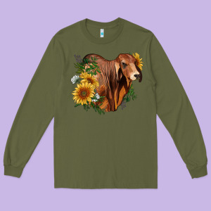 Brahman Bull With Sunflowers Long Sleeve Tee Designed By Ranaportraitstore