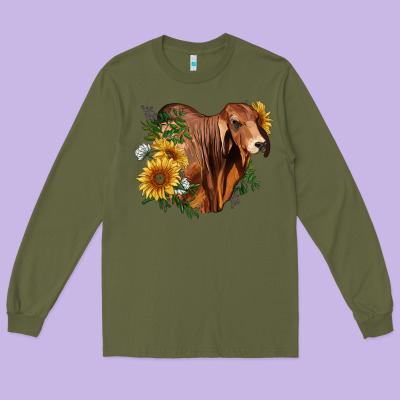Brahman Bull With Sunflowers Long Sleeve Tee Designed By Ranaportraitstore