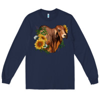 Navy brahman bull with sunflowers Long Sleeve Tee - RanaPortraitStore