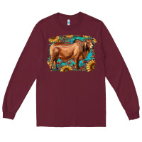 Burgundy brahman bull with aztec sunflower and leopard background Long Sleeve Tee - RanaPortraitStore