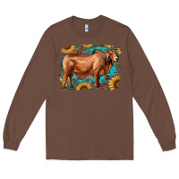Chestnut brahman bull with aztec sunflower and leopard background Long Sleeve Tee - RanaPortraitStore