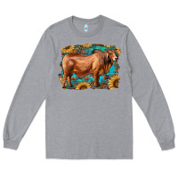 Heather Grey brahman bull with aztec sunflower and leopard background Long Sleeve Tee - RanaPortraitStore