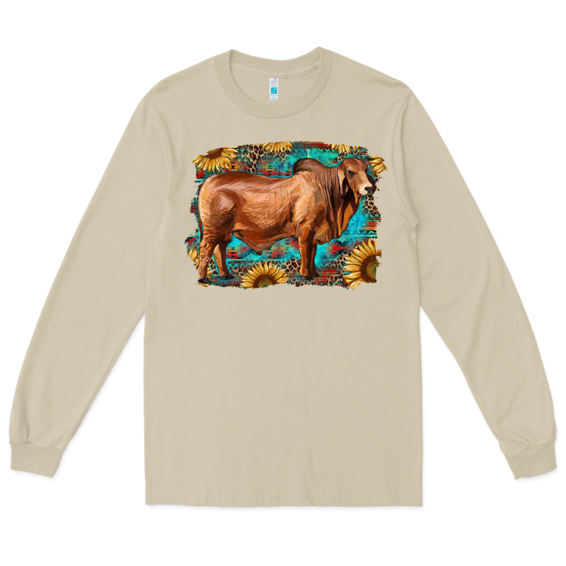 Brahman Bull With Aztec Sunflower And Leopard Background Long Sleeve Tee by RanaPortraitStore | Teevron