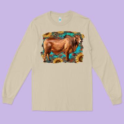 Brahman Bull With Aztec Sunflower And Leopard Background Long Sleeve Tee Designed By Ranaportraitstore