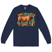 Navy brahman bull with aztec sunflower and leopard background Long Sleeve Tee - RanaPortraitStore