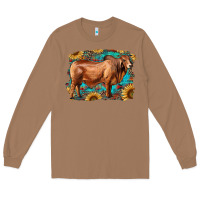 Toasted Coconut brahman bull with aztec sunflower and leopard background Long Sleeve Tee - RanaPortraitStore