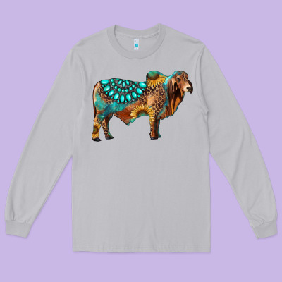 Brahman Bull Gemstone Turquoise And Sunflower Long Sleeve Tee Designed By Ranaportraitstore