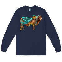 Navy brahman bull gemstone turquoise and sunflower Long Sleeve Tee - RanaPortraitStore
