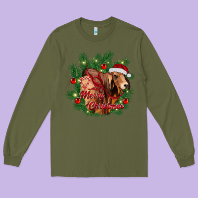 Merry Christmas Brahman Bull Long Sleeve Tee Designed By Ranaportraitstore