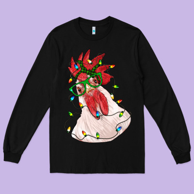 Christmas Rooster With Lights Long Sleeve Tee Designed By Ranaportraitstore