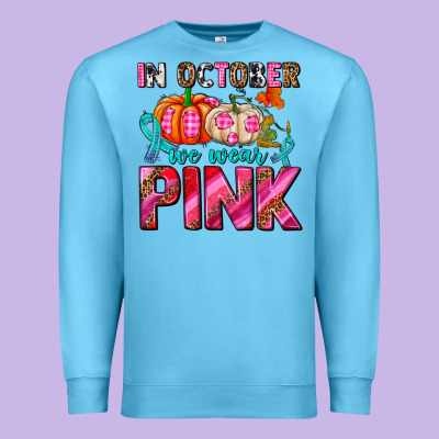 In October We Wear Pink With Pumpkins Premium Sweatshirt Designed By Adodesignshop