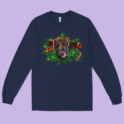 Christmas Highland Calf Long Sleeve Tee Designed By Ranaportraitstore