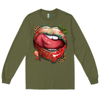 Army Green strawberry lips with leopard Long Sleeve Tee - texasbilliewilder