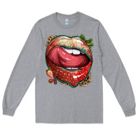 Heather Grey strawberry lips with leopard Long Sleeve Tee - texasbilliewilder