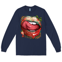 Navy strawberry lips with leopard Long Sleeve Tee - texasbilliewilder