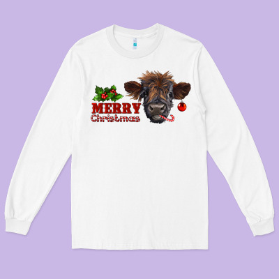 Merry Christmas Highland Calf With Candy Cane Long Sleeve Tee Designed By Ranaportraitstore