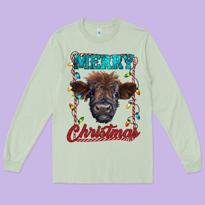 Merry Christmas Highland Calf Baby Cow Long Sleeve Tee Designed By Ranaportraitstore