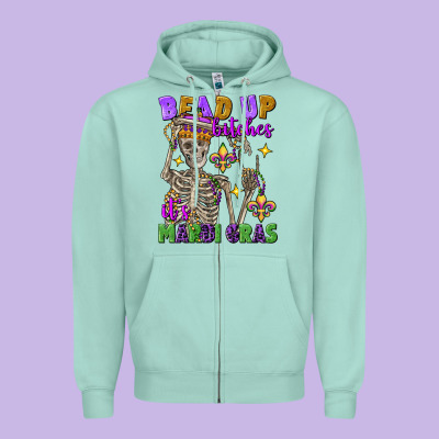 Bead Up Bitches It's Mardi Gras Skeleton Zipper Hoodie Designed By Fadigitalartstudio