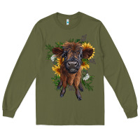 Army Green highland cow with sunflower Long Sleeve Tee - RanaPortraitStore